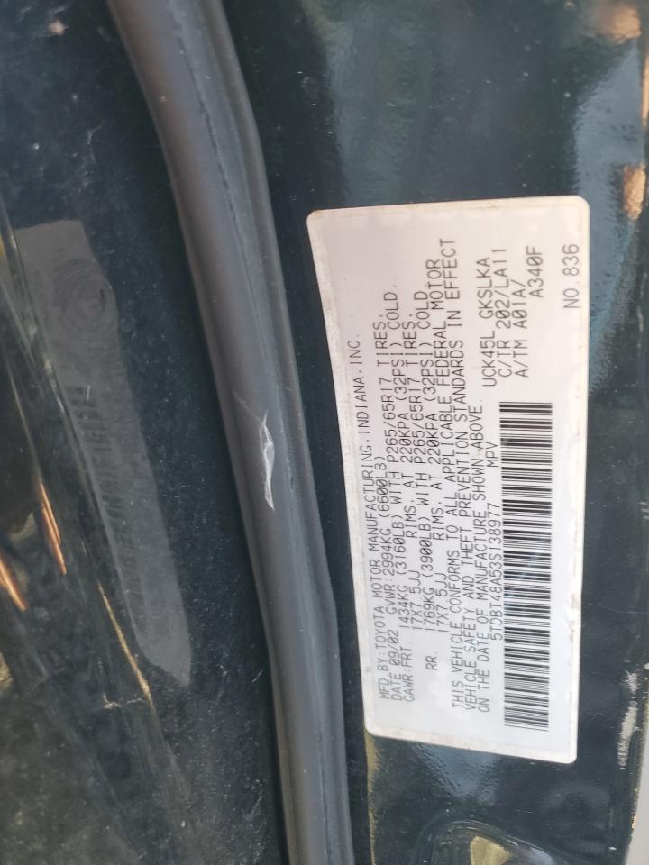 2003 Toyota Sequoia Limited VIN: 5TDBT48A53S138977 Lot: 89687695