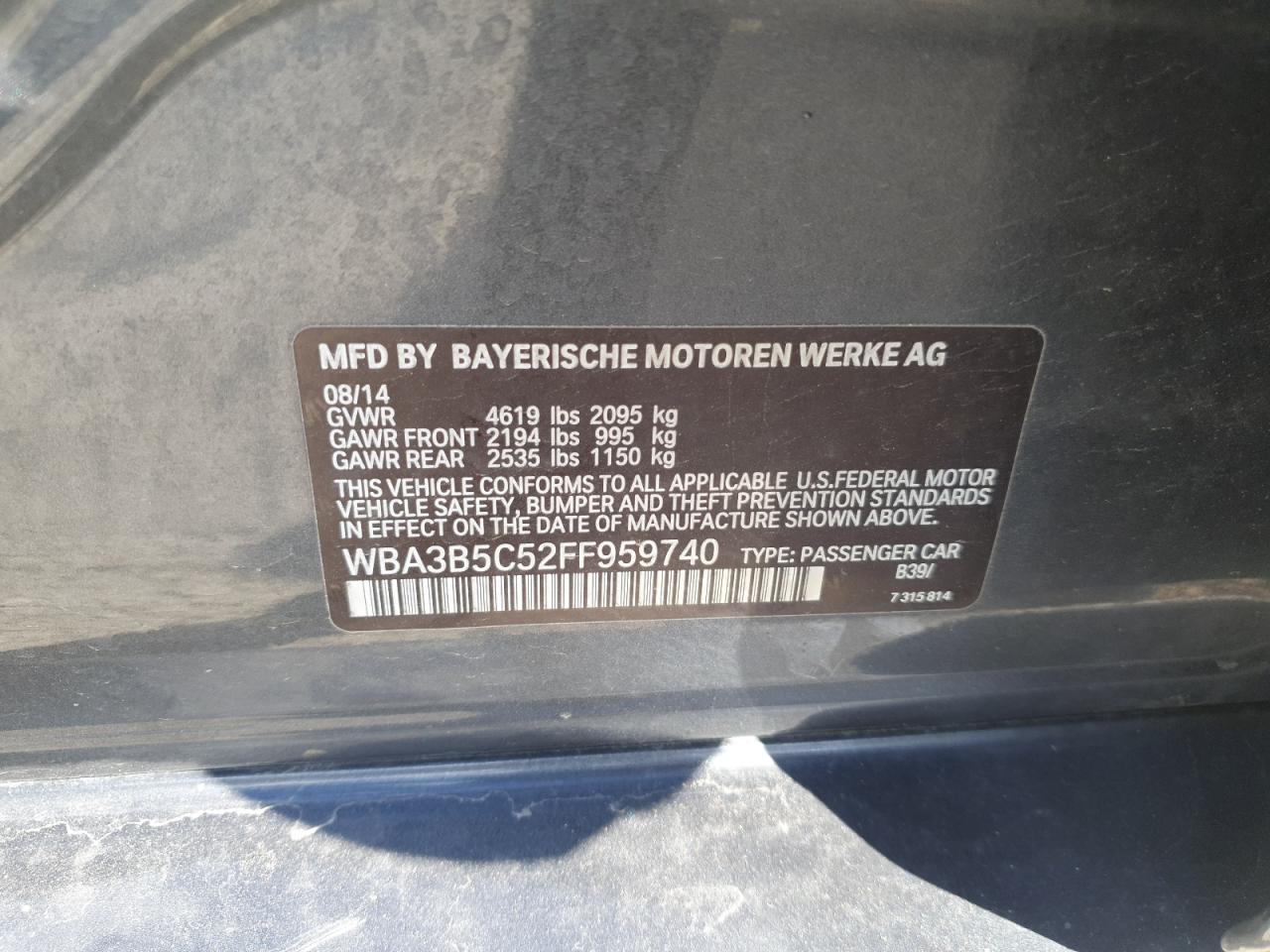 2015 BMW 328 Xi Sulev VIN: WBA3B5C52FF959740 Lot: 86410355