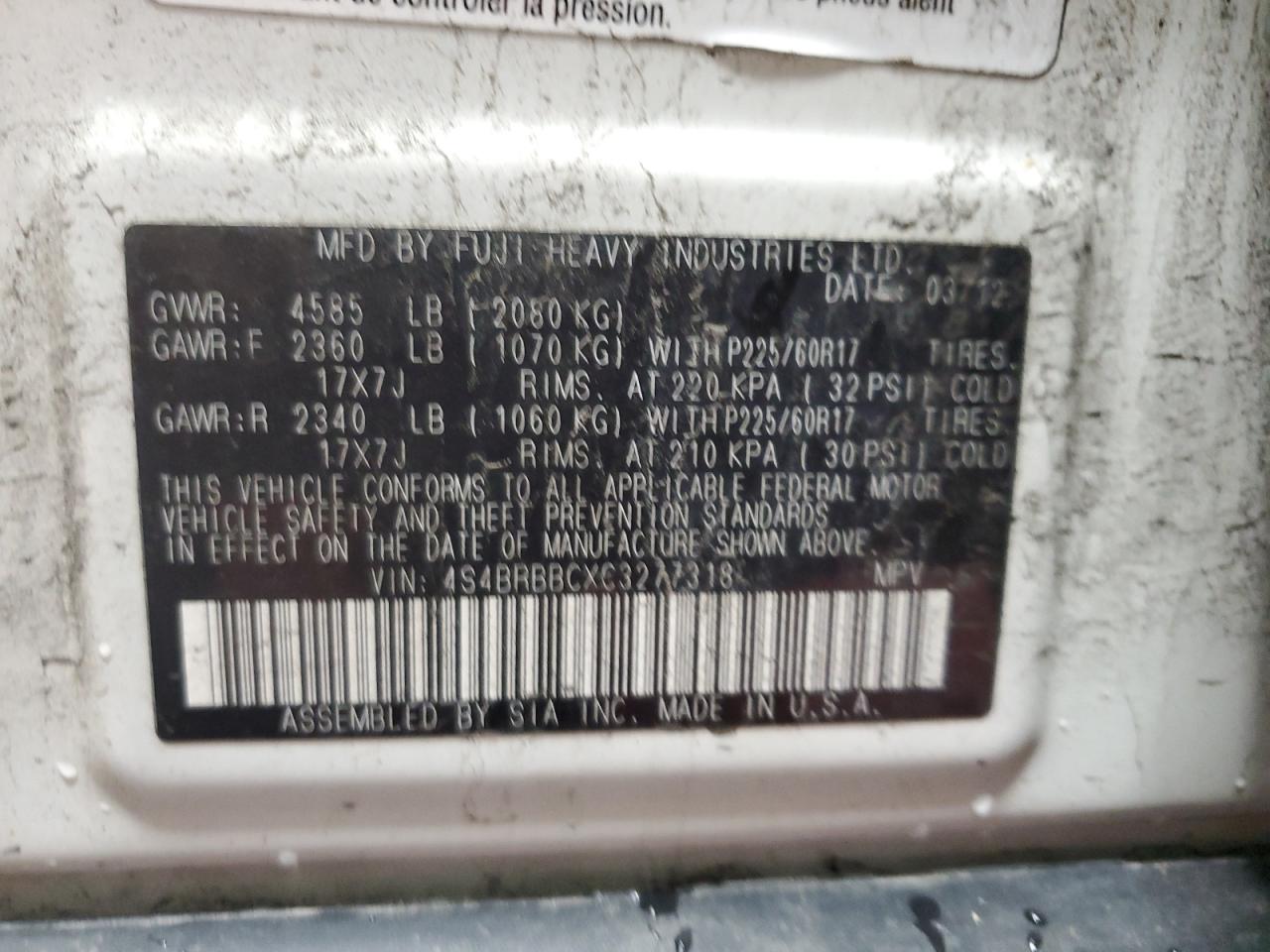 2012 Subaru Outback 2.5I Premium VIN: 4S4BRBBCXC3277318 Lot: 90464185