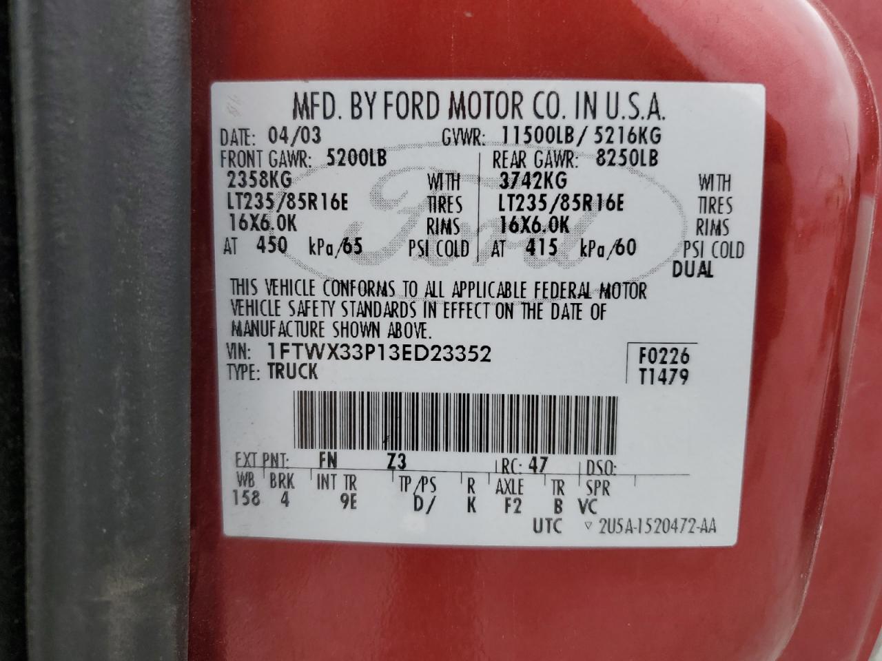 2003 Ford F350 Super Duty VIN: 1FTWX33P13ED23352 Lot: 85401855