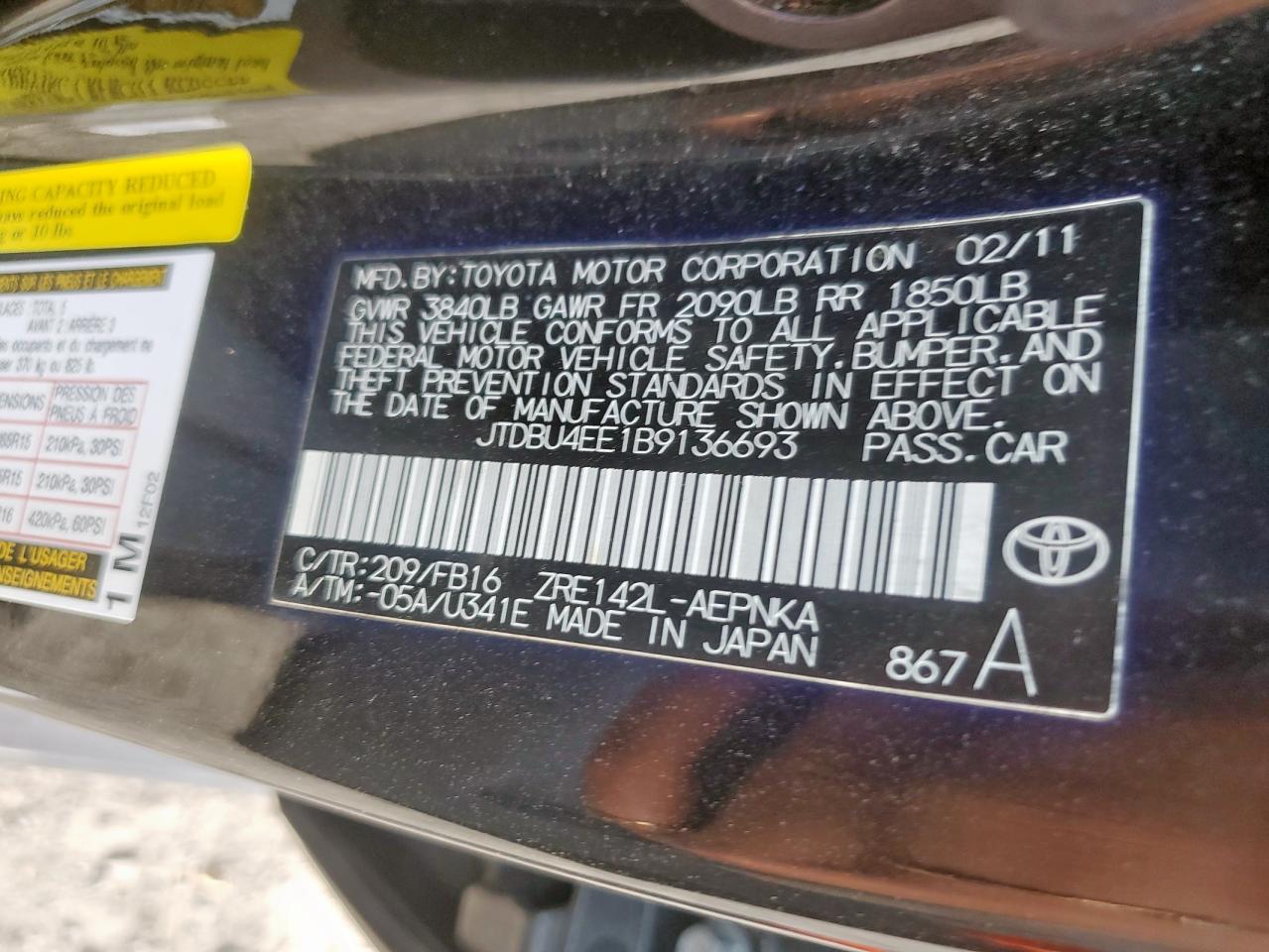 2011 Toyota Corolla Base VIN: JTDBU4EE1B9136693 Lot: 82316215