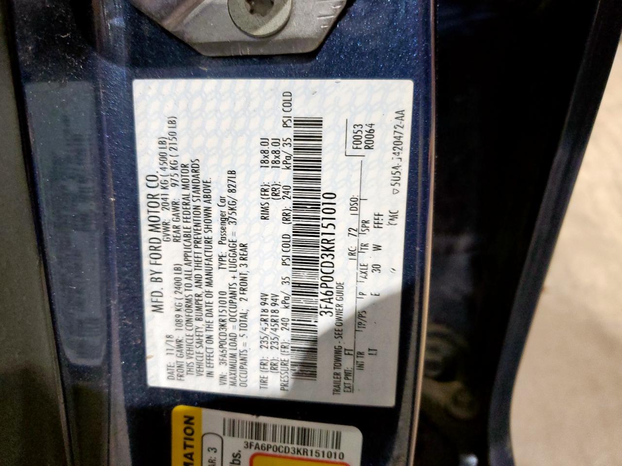 2019 Ford Fusion Sel VIN: 3FA6P0CD3KR151010 Lot: 90225985