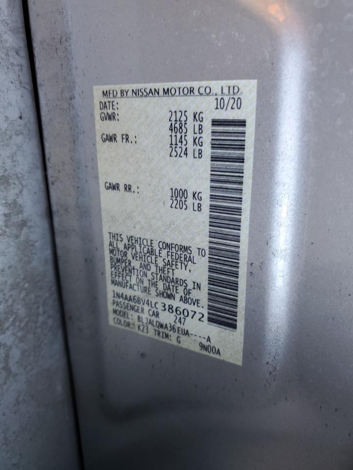 2020 Nissan Maxima S VIN: 1N4AA6BV4LC386072 Lot: 86782105