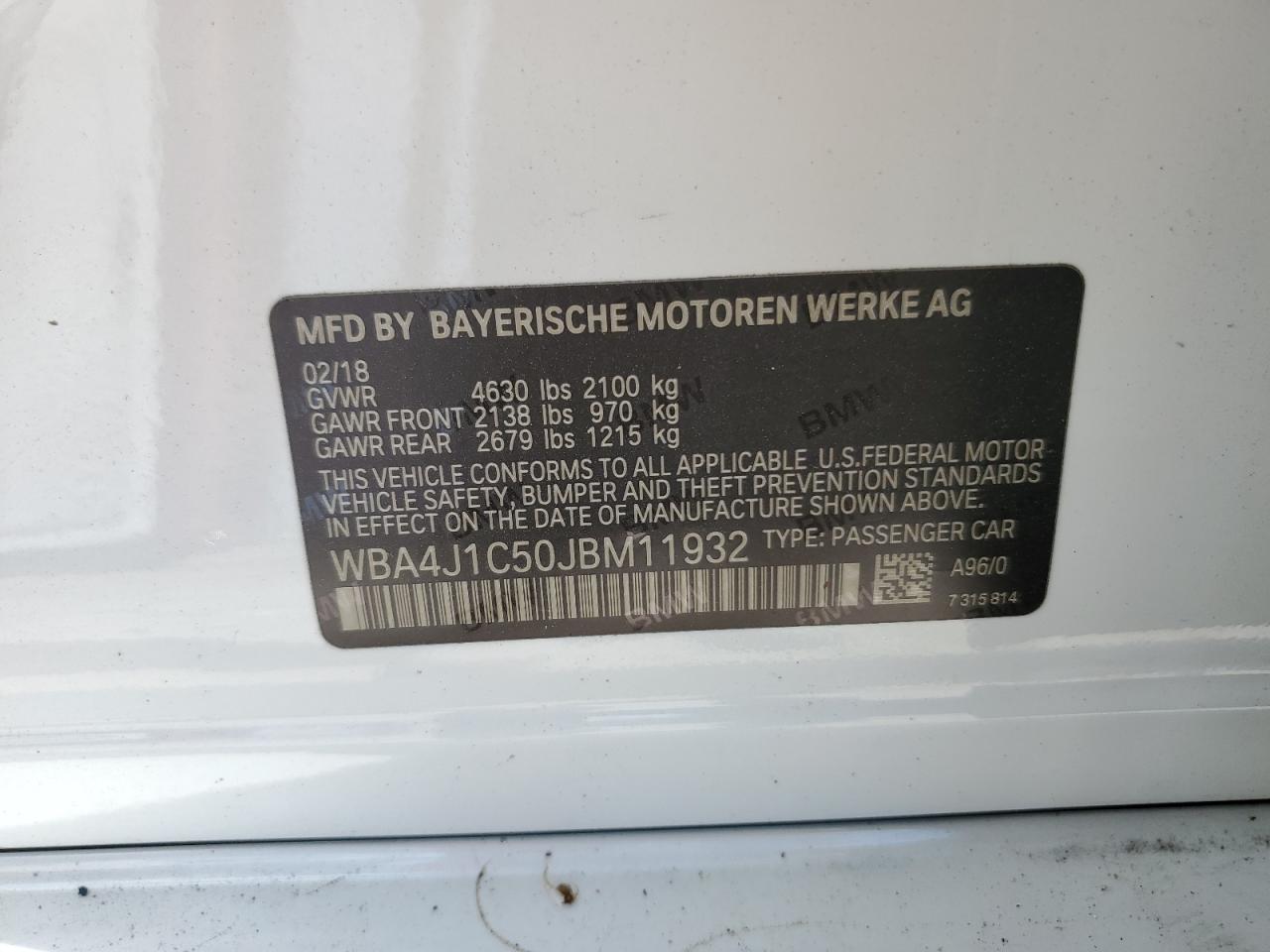 2018 BMW 430I Gran Coupe VIN: WBA4J1C50JBM11932 Lot: 85300615