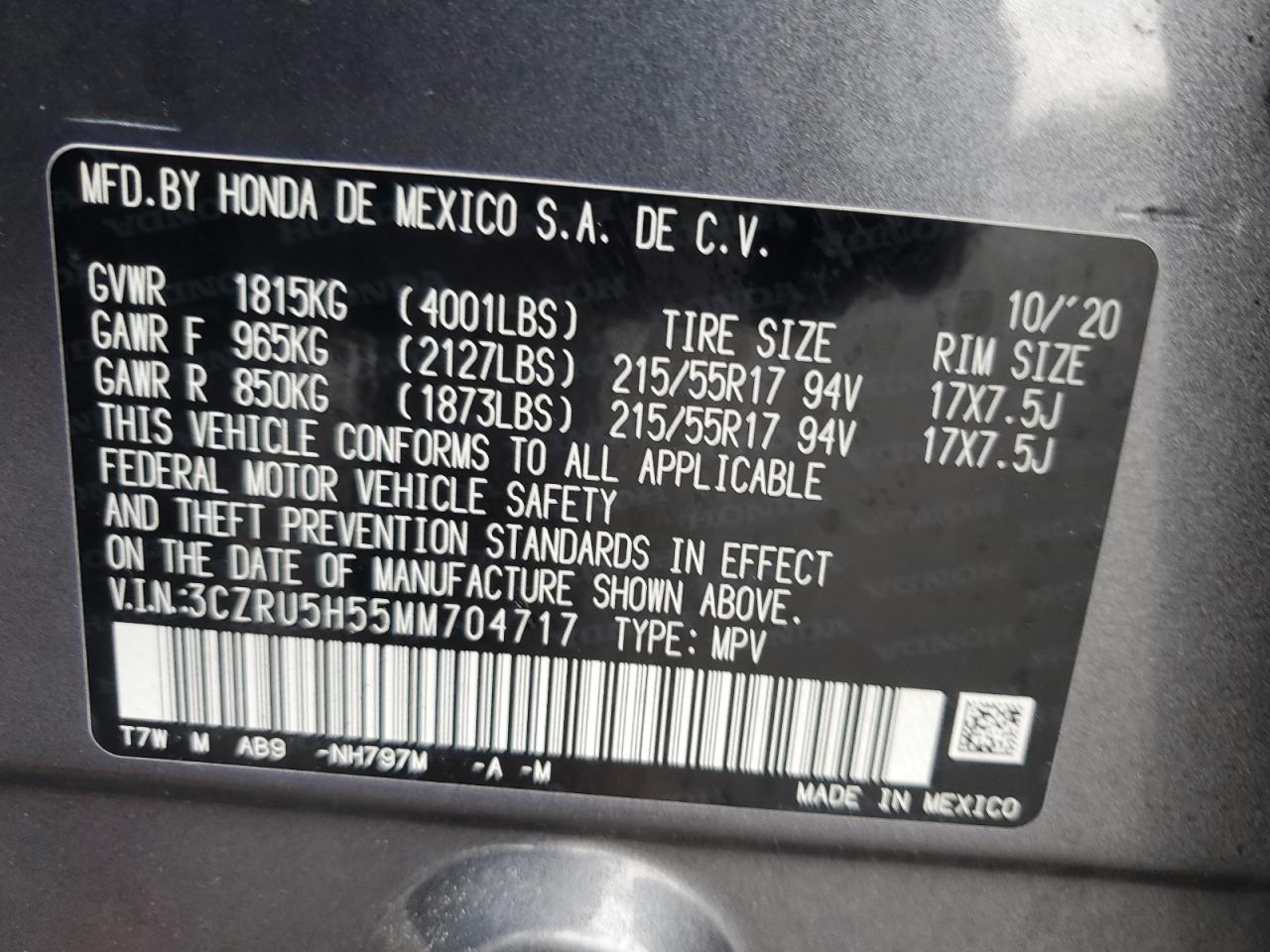 2021 Honda Hr-V Ex VIN: 3CZRU5H55MM704717 Lot: 82238265