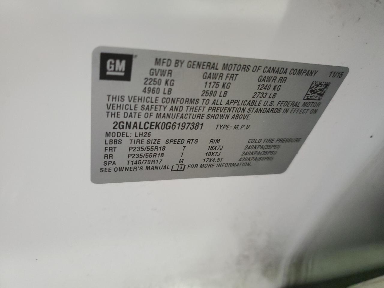 2016 Chevrolet Equinox Lt VIN: 2GNALCEK0G6197381 Lot: 85906025