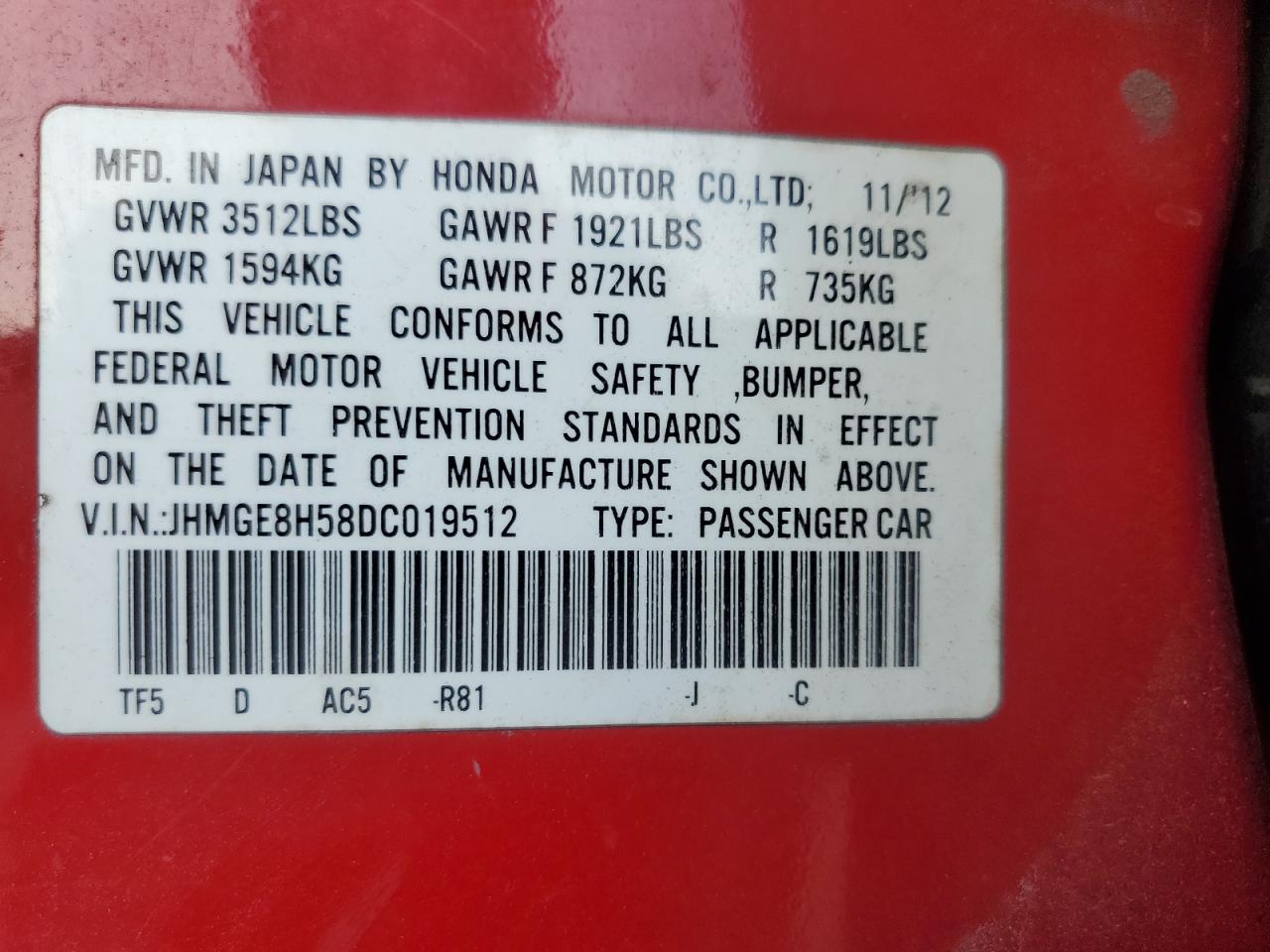 2013 Honda Fit Sport VIN: JHMGE8H58DC019512 Lot: 85180225