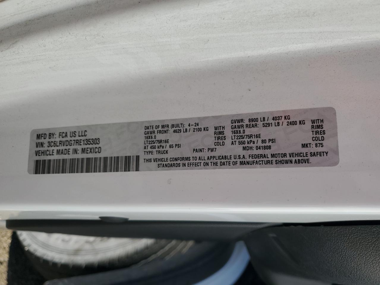 2024 Ram Promaster Utility Van VIN: 3C6LRVDG7RE135303 Lot: 87434595