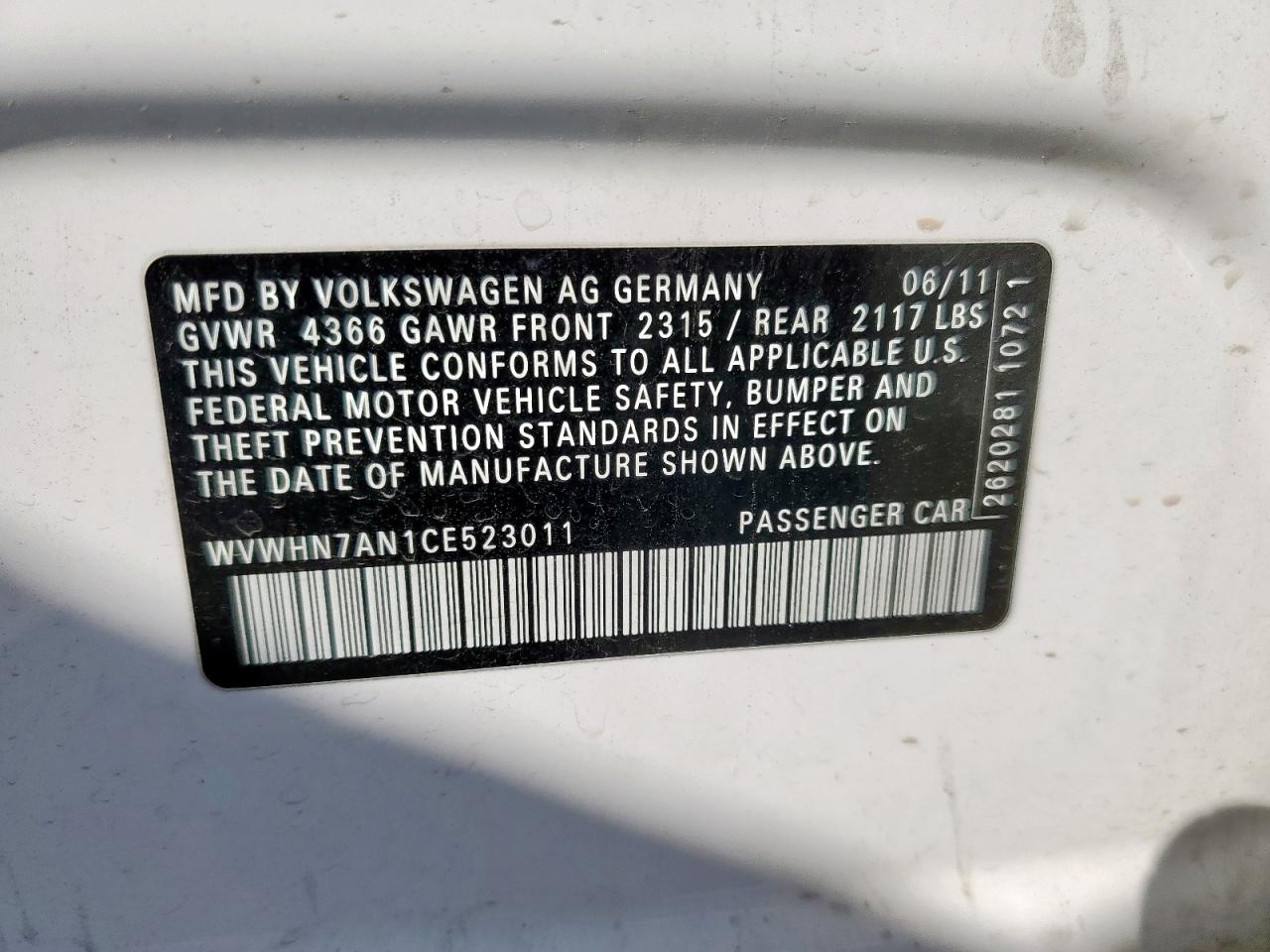2012 Volkswagen Cc Luxury VIN: WVWHN7AN1CE523011 Lot: 84630075
