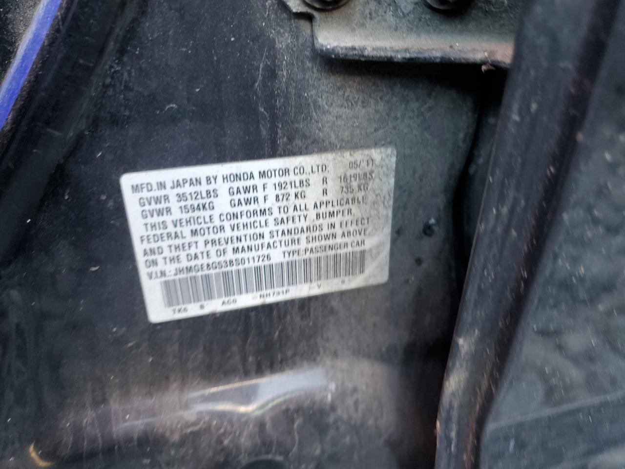 2011 Honda Fit Sport VIN: JHMGE8G53BS011726 Lot: 86851545