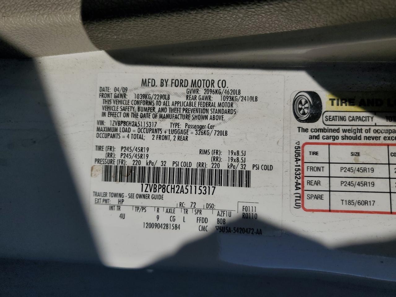 2010 Ford Mustang Gt VIN: 1ZVBP8CH2A5115317 Lot: 90543065