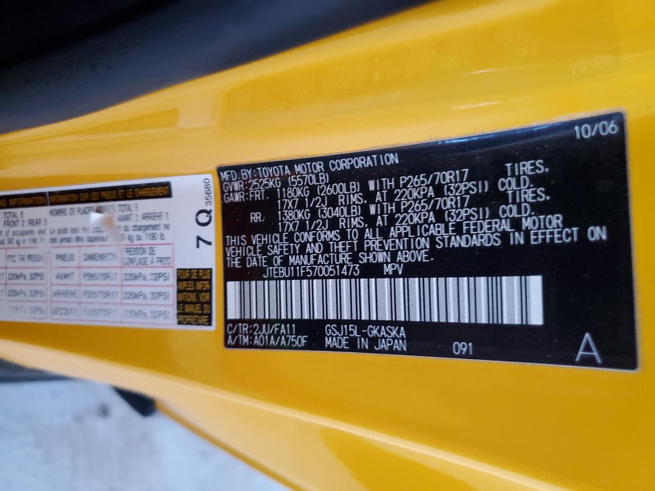 2007 Toyota Fj Cruiser VIN: JTEBU11F570051473 Lot: 85383955