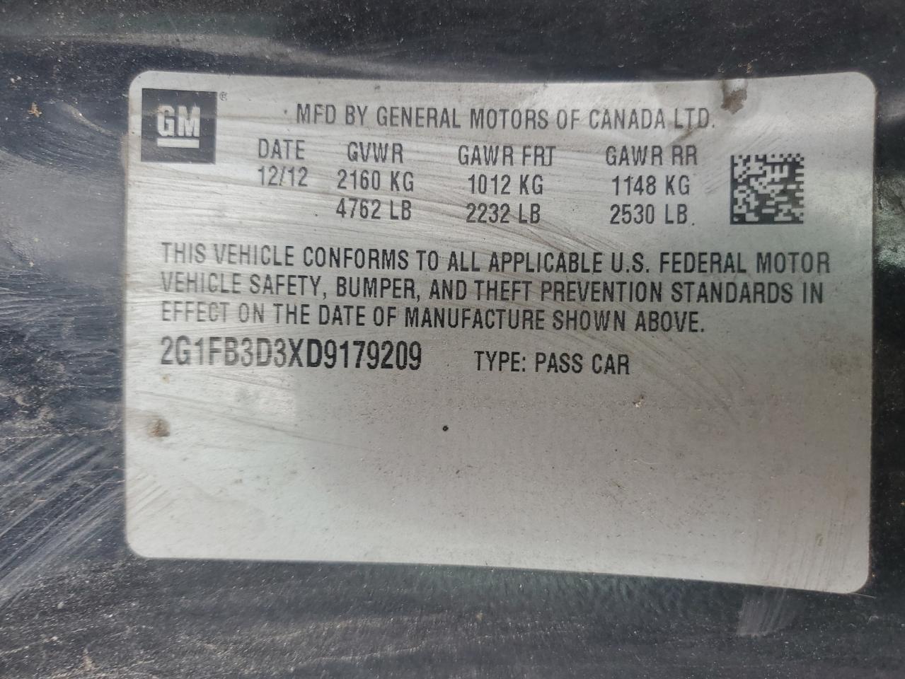 2013 Chevrolet Camaro Lt VIN: 2G1FB3D3XD9179209 Lot: 85478025