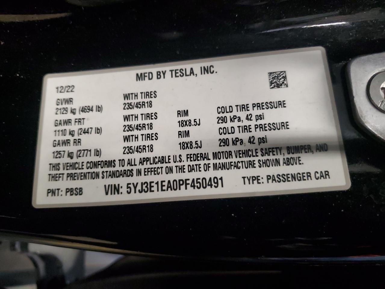 2023 Tesla Model 3 VIN: 5YJ3E1EA0PF450491 Lot: 84912845