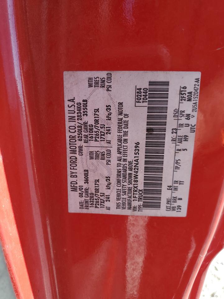 2002 Ford F150 VIN: 1FTRX18W42NA15396 Lot: 84657255