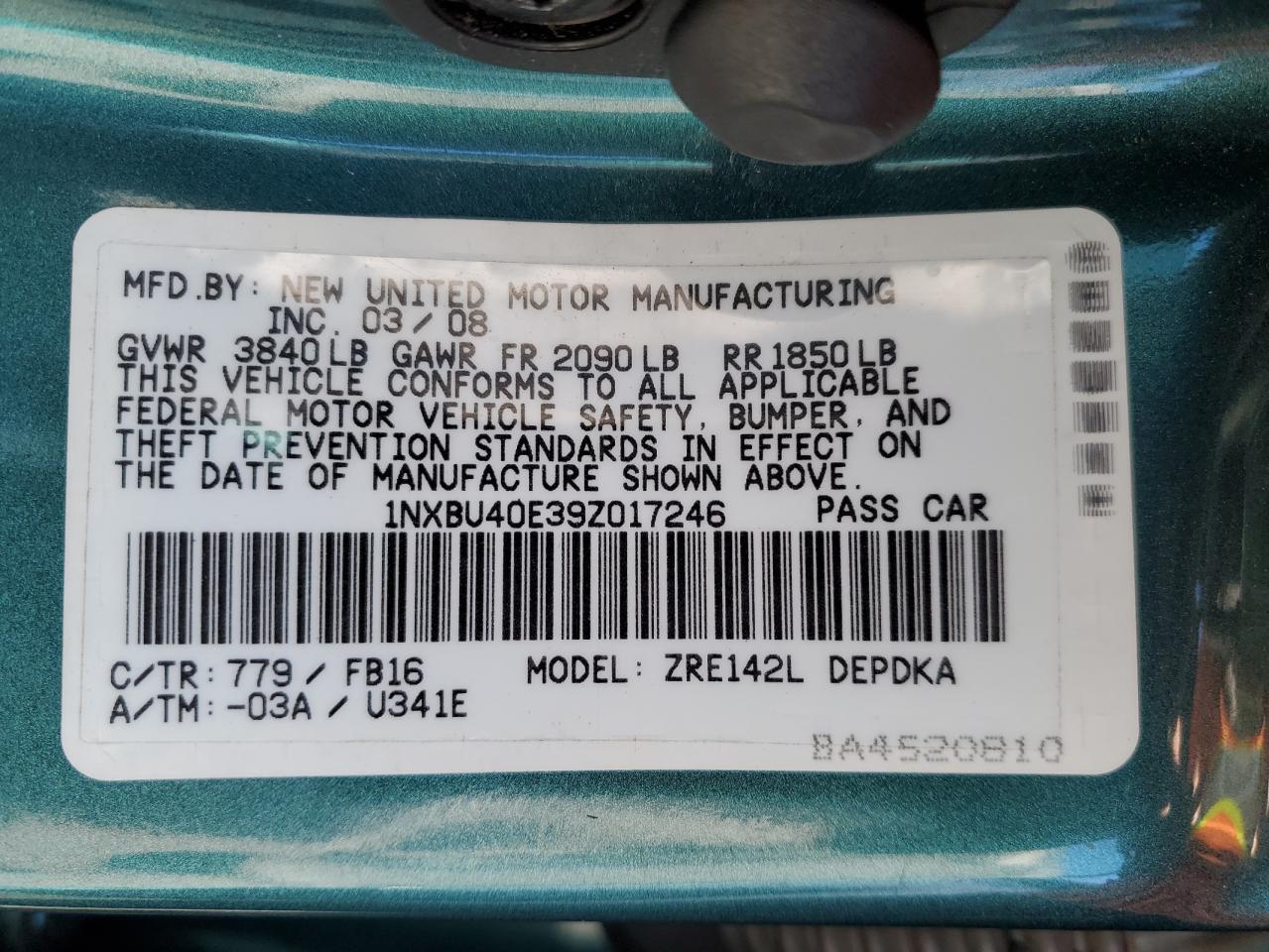 2009 Toyota Corolla Base VIN: 1NXBU40E39Z017246 Lot: 86178925