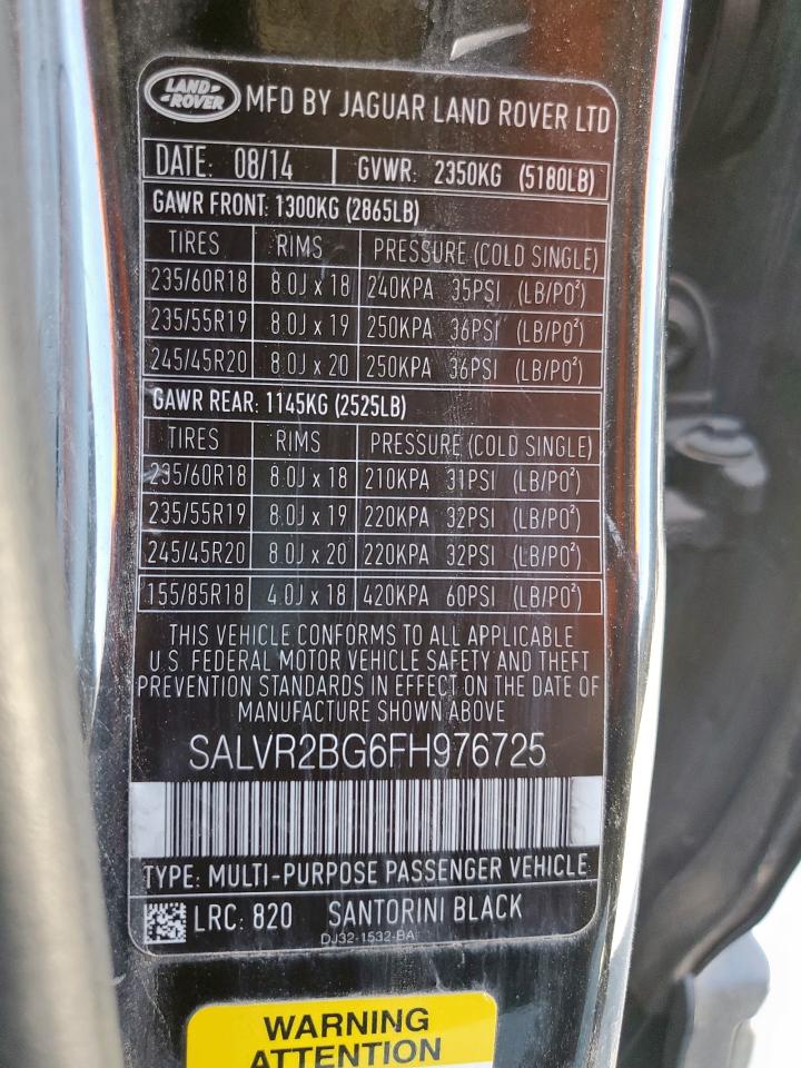 2015 Land Rover Range Rover Evoque Pure Premium VIN: SALVR2BG6FH976725 Lot: 84915635