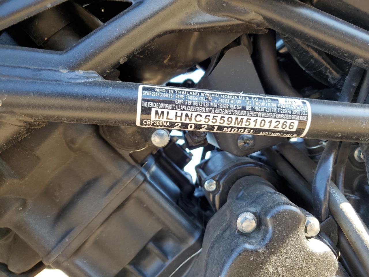 2021 Honda Cbf300 Na VIN: MLHNC5559M5101266 Lot: 85562875