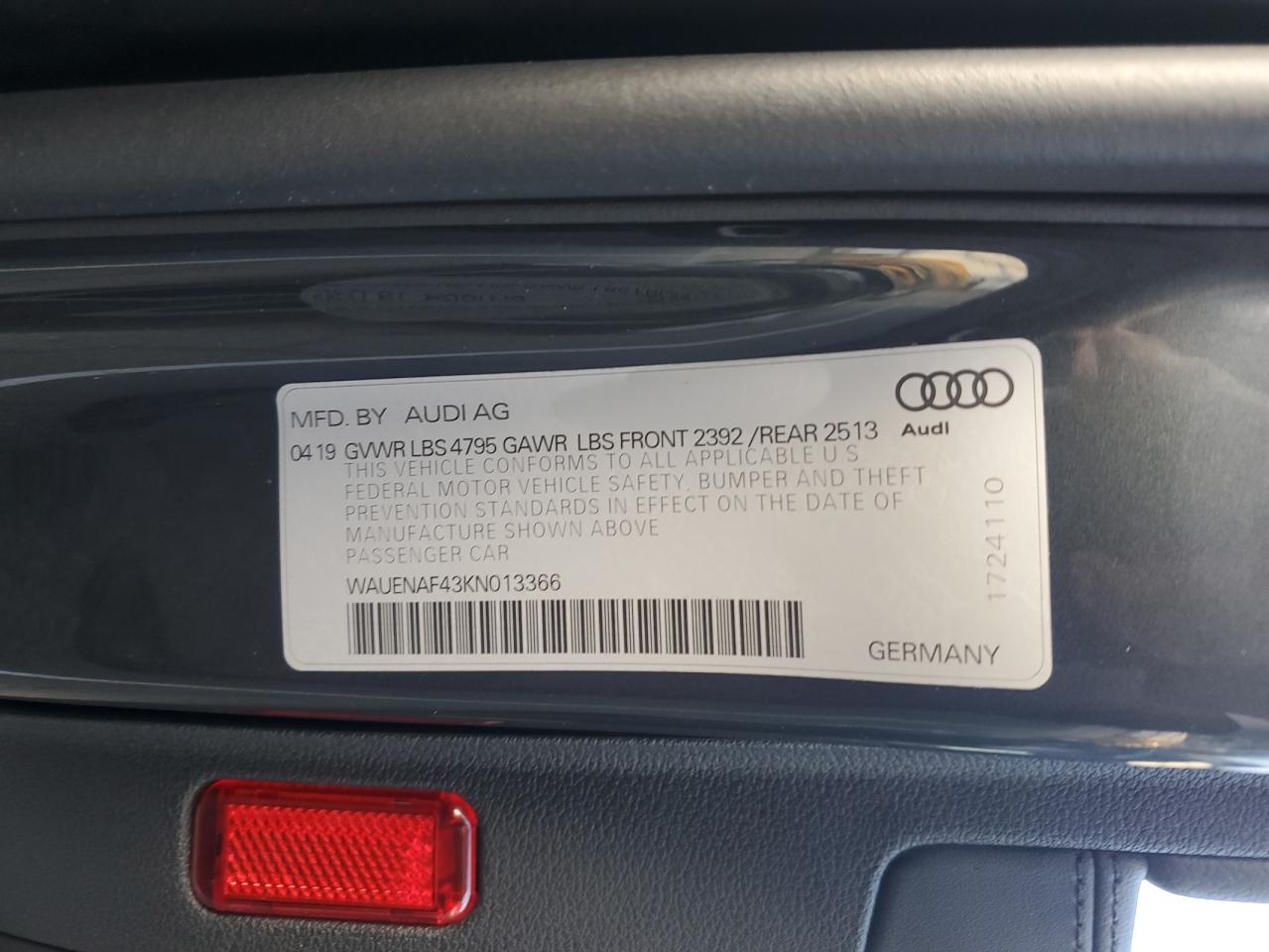 2019 Audi A4 Premium Plus VIN: WAUENAF43KN013366 Lot: 84945315