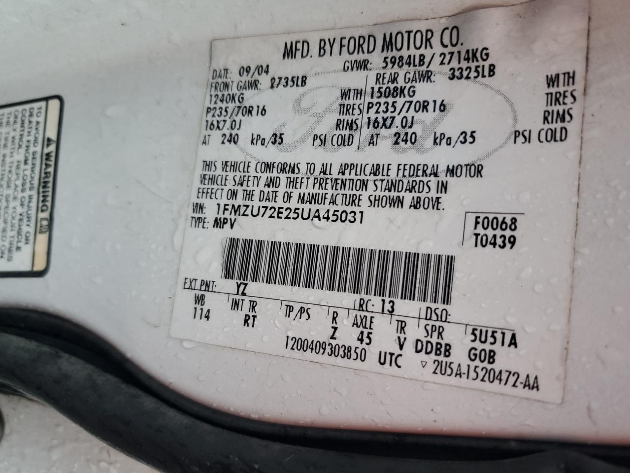 2005 Ford Explorer Xls VIN: 1FMZU72E25UA45031 Lot: 86187105