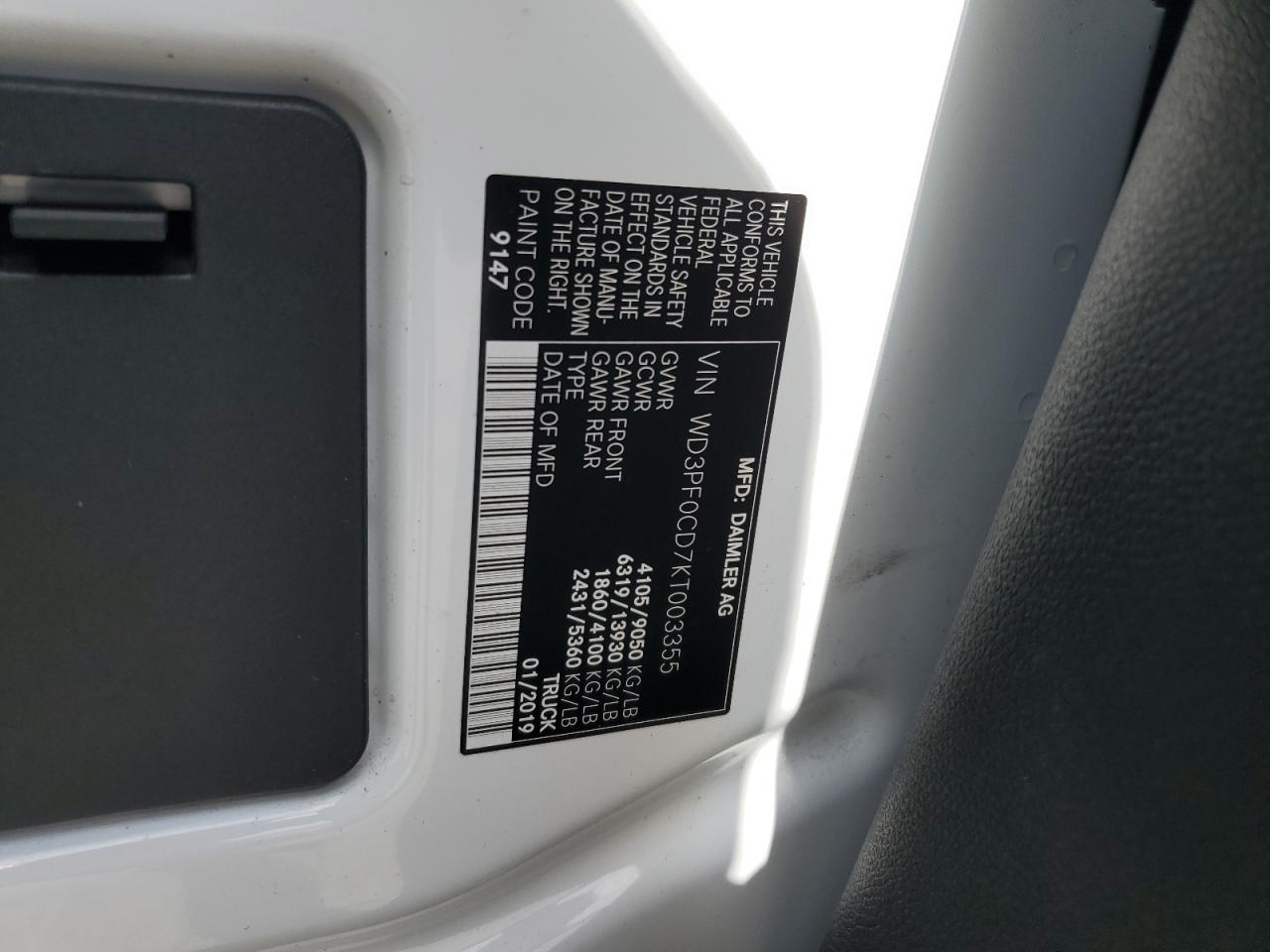 2019 Mercedes-Benz Sprinter 2500/3500 VIN: WD3PF0CD7KT003355 Lot: 54689195