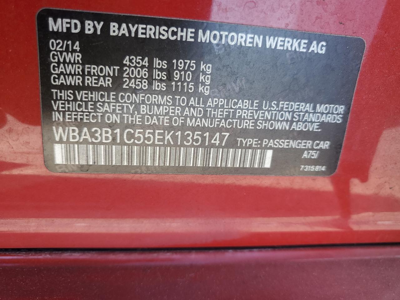 2014 BMW 320 I VIN: WBA3B1C55EK135147 Lot: 81933195