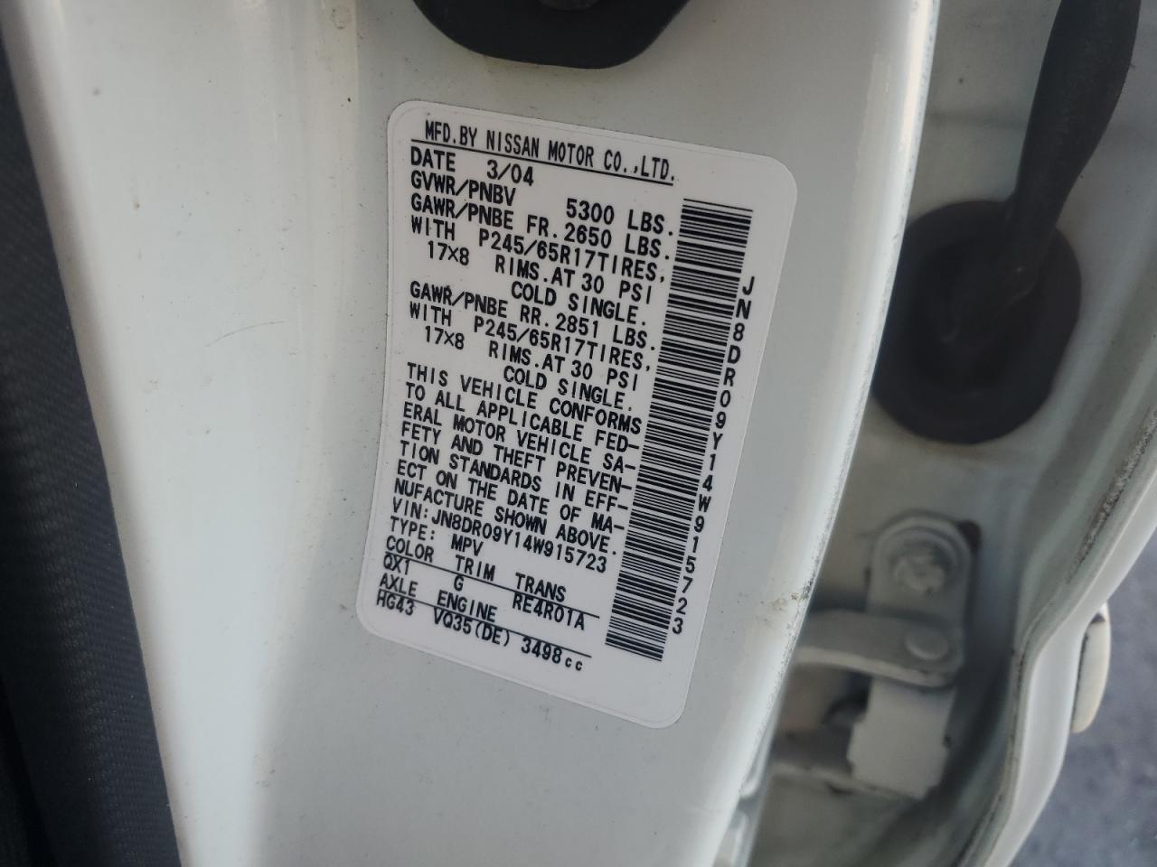 2004 Nissan Pathfinder Le VIN: JN8DR09Y14W915723 Lot: 82202495