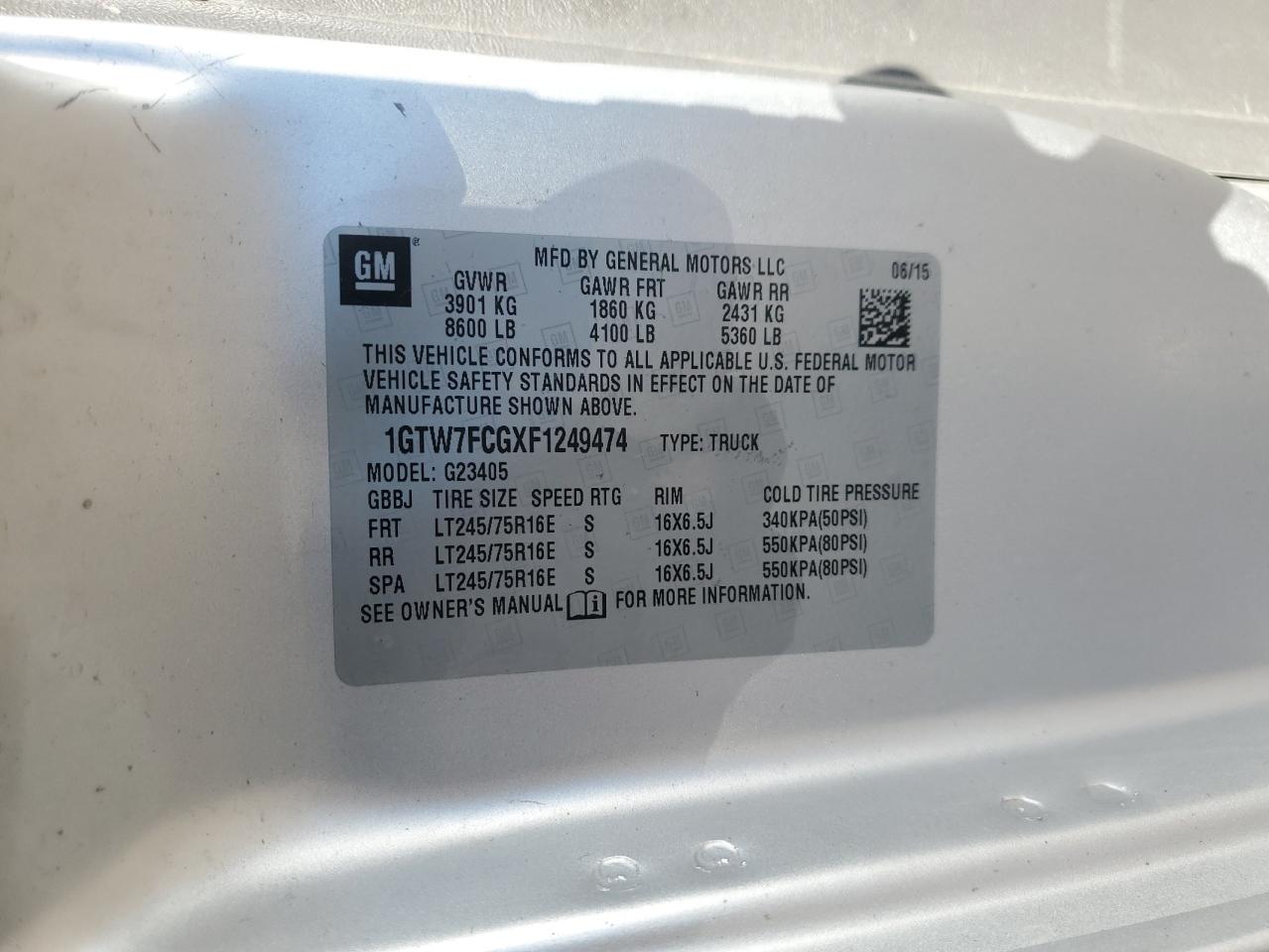 2015 GMC Savana Delivery Van VIN: 1GTW7FCGXF1249474 Lot: 89704105