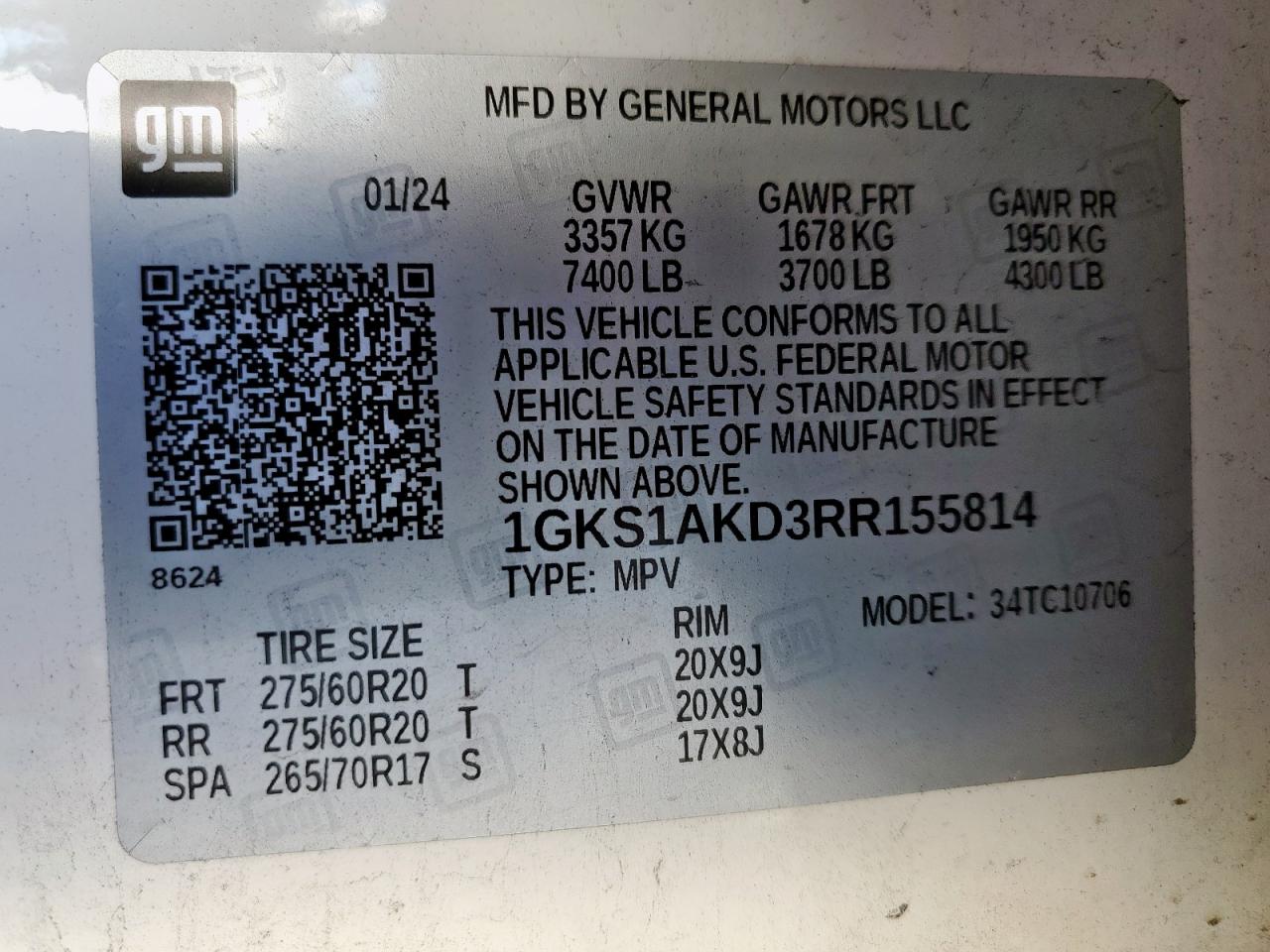 2024 GMC Yukon Sle VIN: 1GKS1AKD3RR155814 Lot: 91024985