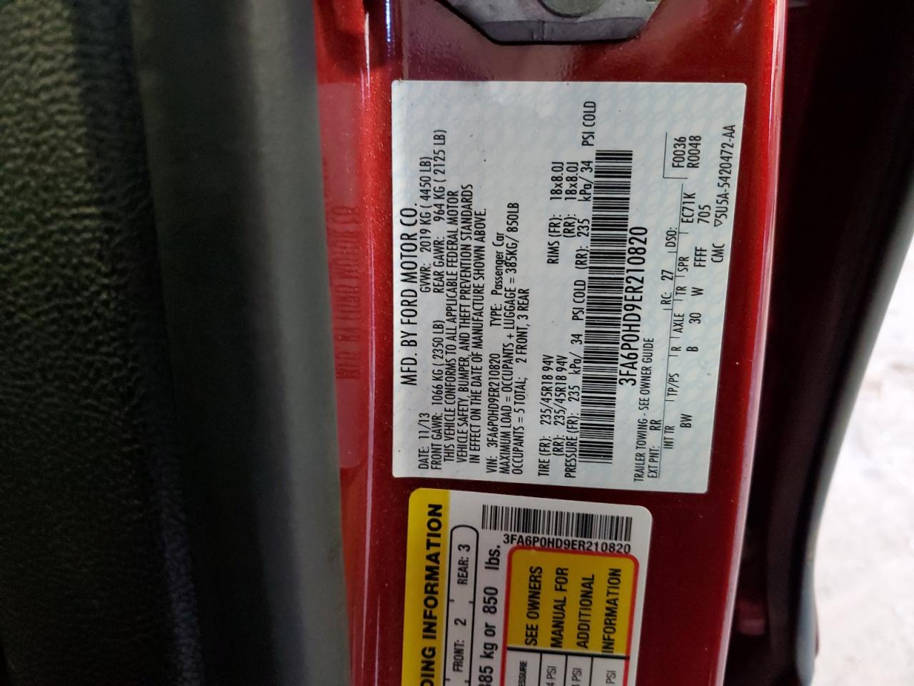 2014 Ford Fusion Se VIN: 3FA6P0HD9ER210820 Lot: 90425075