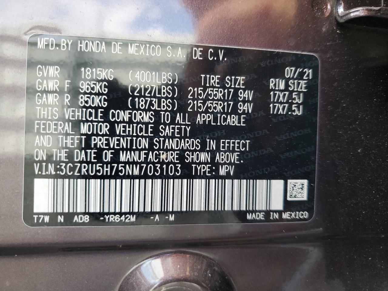 2022 Honda Hr-V Exl VIN: 3CZRU5H75NM703103 Lot: 85673135