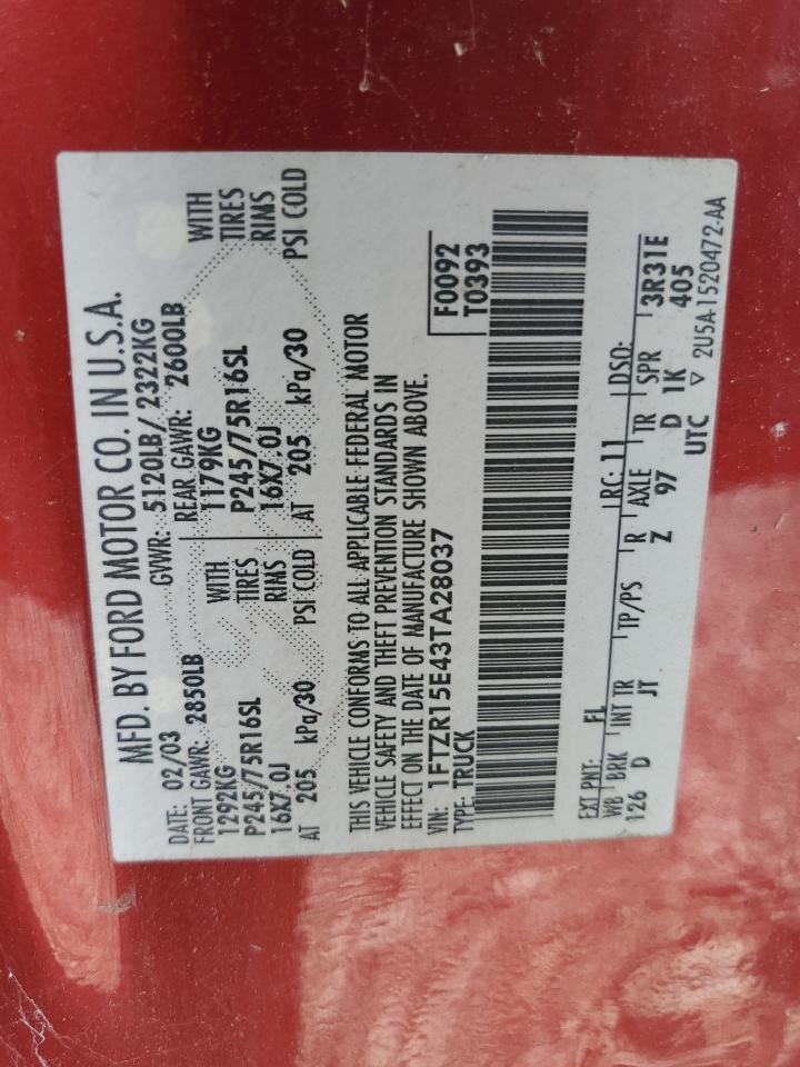 2003 Ford Ranger Super Cab VIN: 1FTZR15E43TA28037 Lot: 84864915