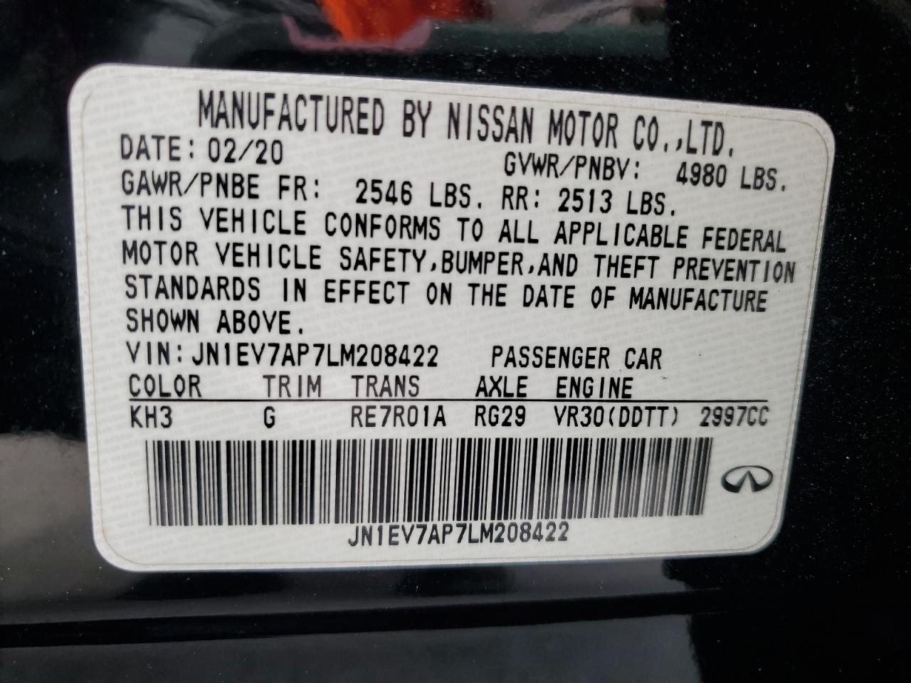 2020 Infiniti Q50 Pure VIN: JN1EV7AP7LM208422 Lot: 85119875