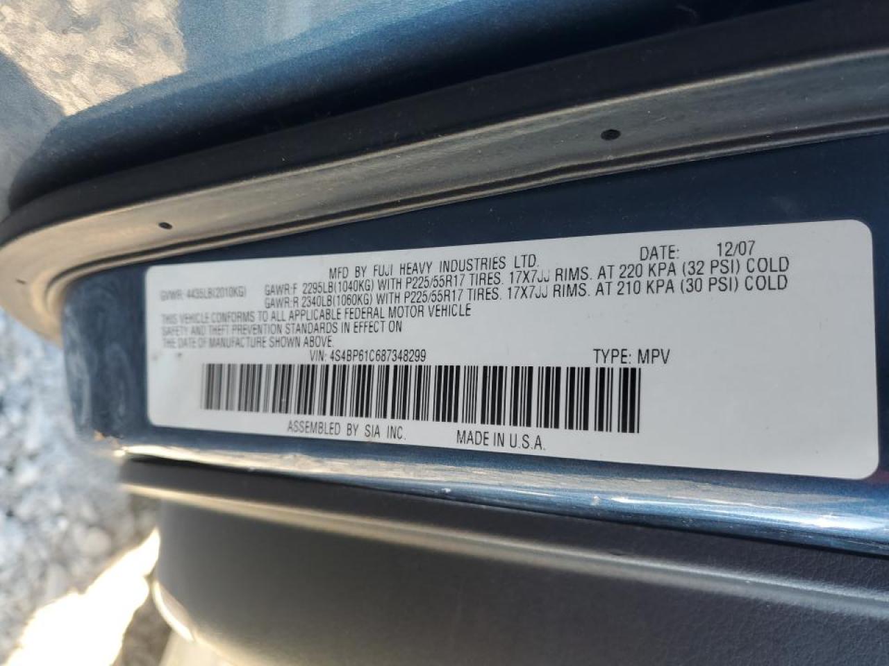 2008 Subaru Outback 2.5I VIN: 4S4BP61C687348299 Lot: 86158055