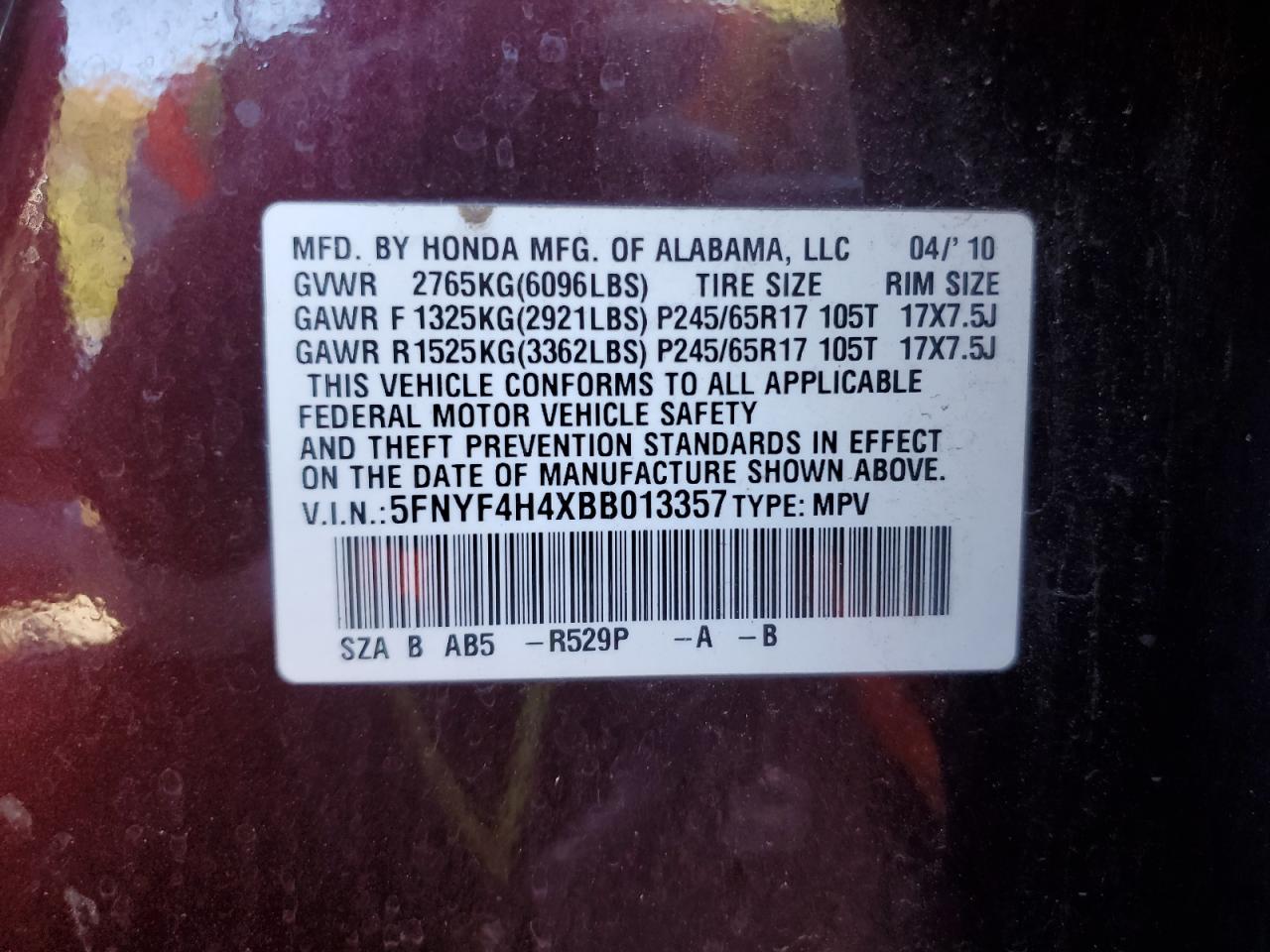 2011 Honda Pilot Ex VIN: 5FNYF4H4XBB013357 Lot: 84539835