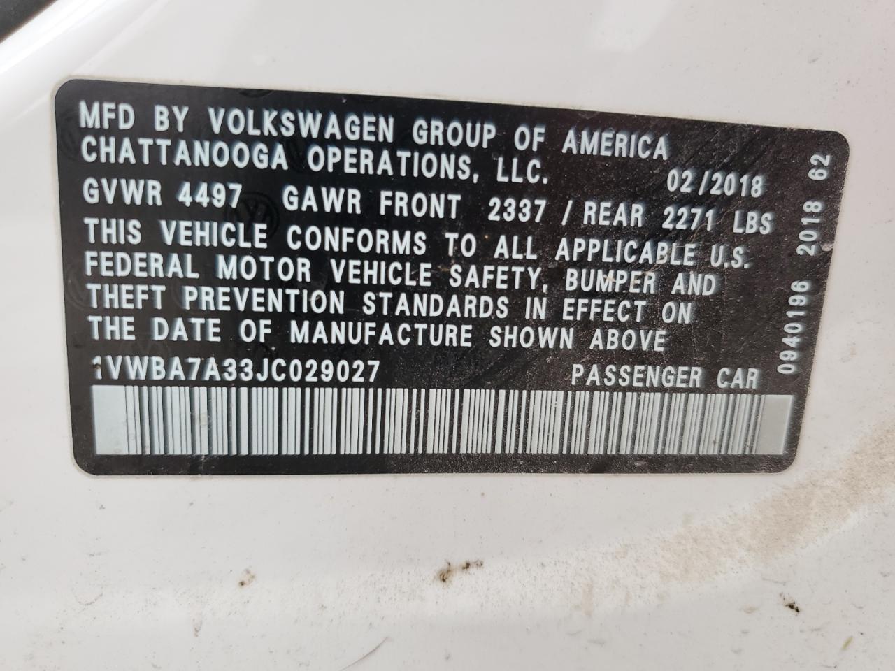 2018 Volkswagen Passat Se VIN: 1VWBA7A33JC029027 Lot: 86172965