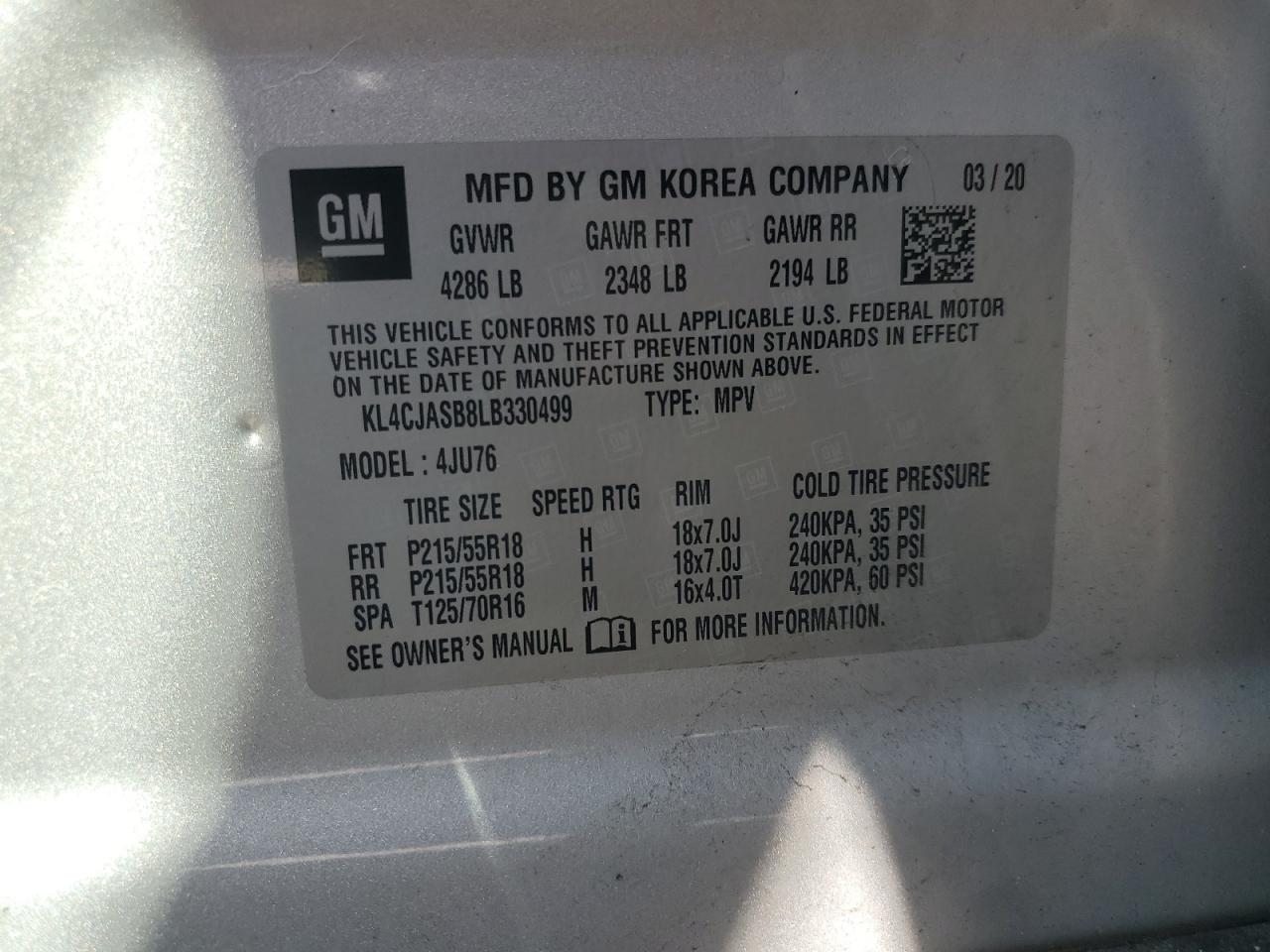 2020 Buick Encore Preferred VIN: KL4CJASB8LB330499 Lot: 81972805