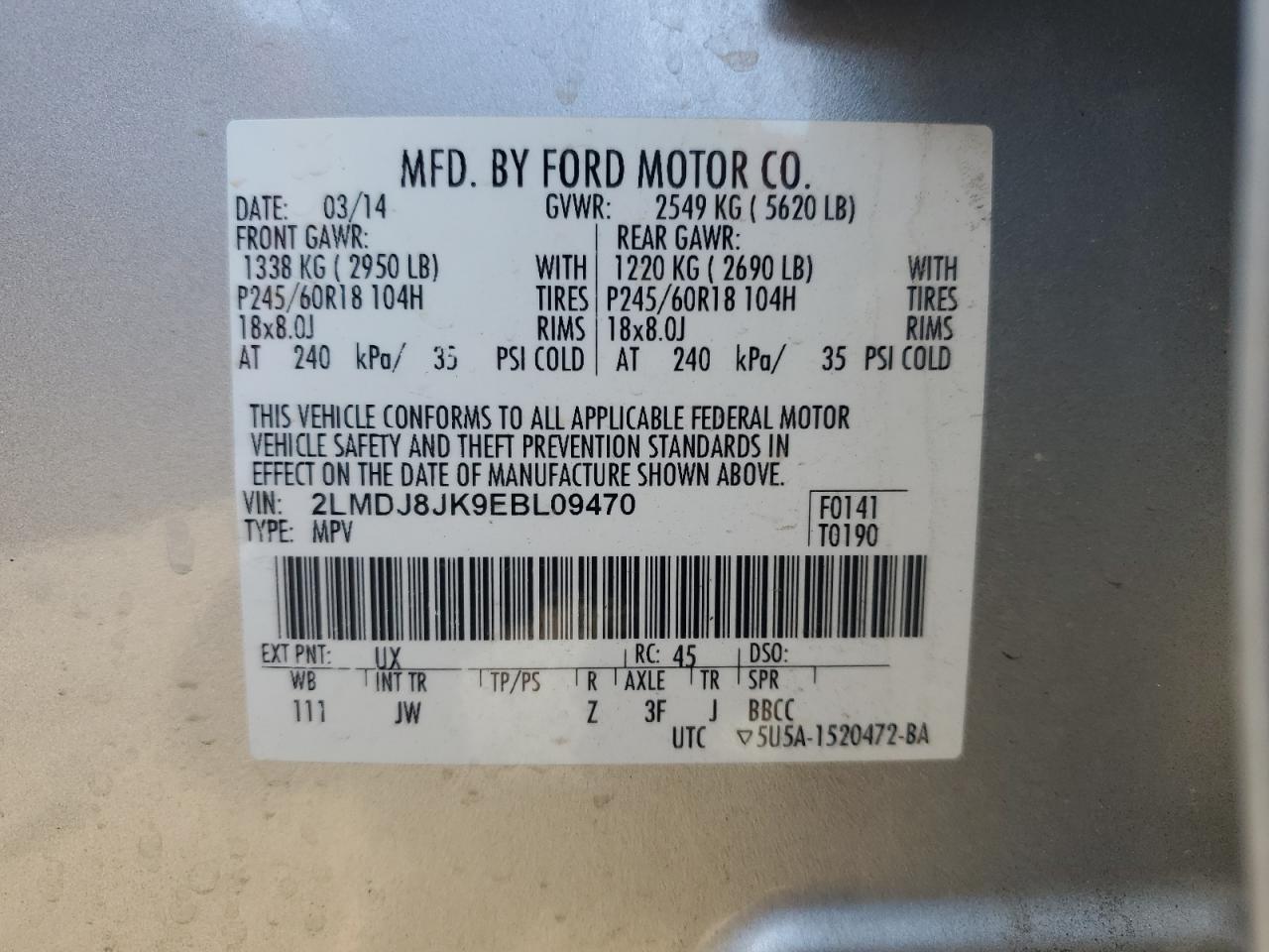 2014 Lincoln Mkx VIN: 2LMDJ8JK9EBL09470 Lot: 81832225