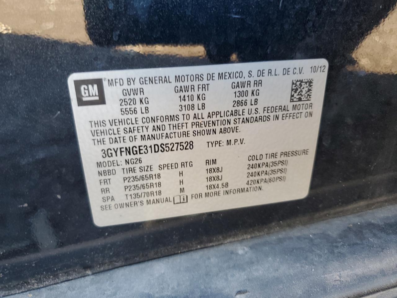 2013 Cadillac Srx Luxury Collection VIN: 3GYFNGE31DS527528 Lot: 89820655