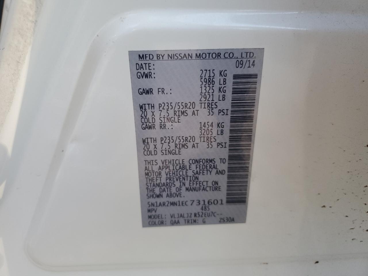 2014 Nissan Pathfinder S VIN: 5N1AR2MN1EC731601 Lot: 84263065