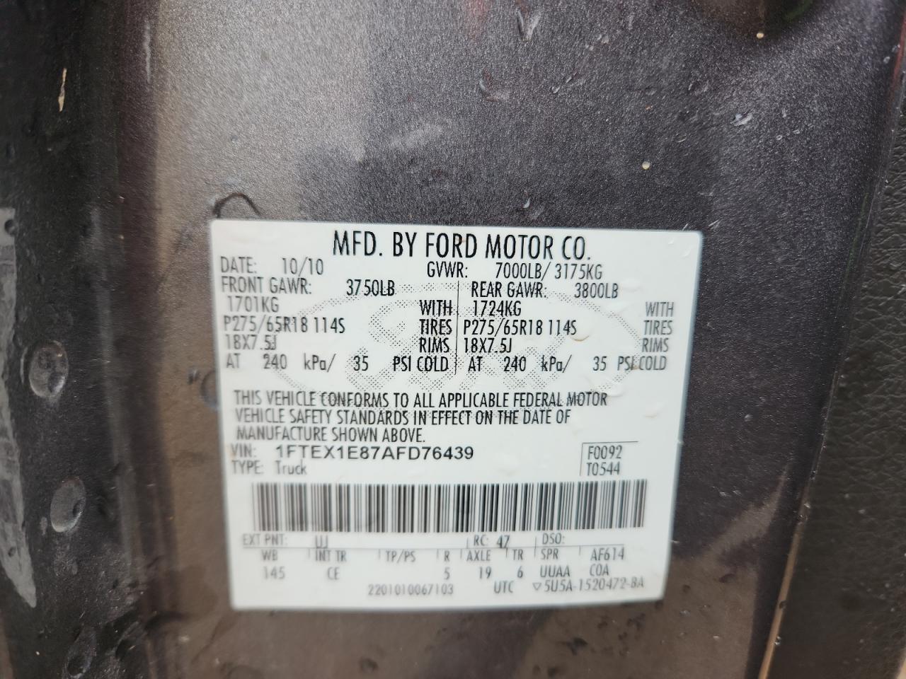 2010 Ford F150 Super Cab VIN: 1FTEX1E87AFD76439 Lot: 89865955