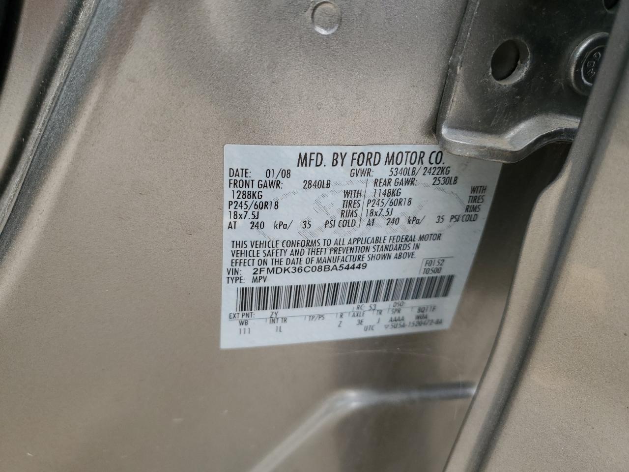 2008 Ford Edge Se VIN: 2FMDK36C08BA54449 Lot: 86176365