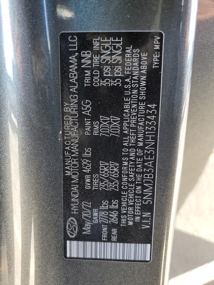 2022 Hyundai Tucson Sel VIN: 5NMJB3AE3NH133434 Lot: 90050325