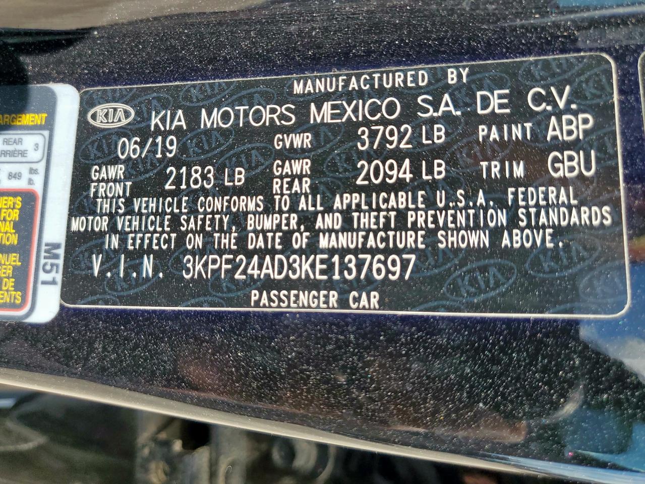 2019 Kia Forte Fe VIN: 3KPF24AD3KE137697 Lot: 83845385