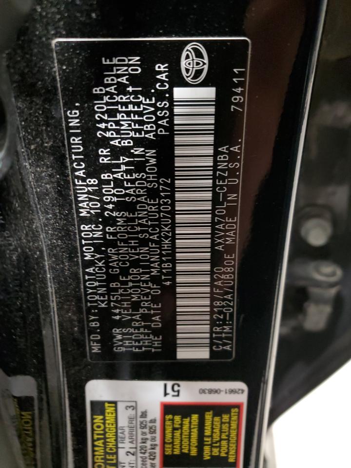 2019 Toyota Camry L VIN: 4T1B11HK2KU703172 Lot: 89720365