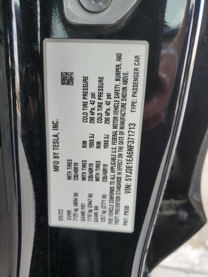 2022 Tesla Model 3 VIN: 5YJ3E1EA6NF371713 Lot: 85732635