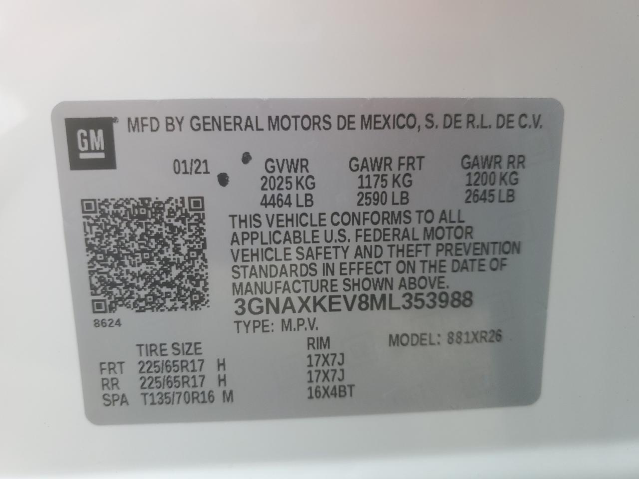 2021 Chevrolet Equinox Lt VIN: 3GNAXKEV8ML353988 Lot: 84061835