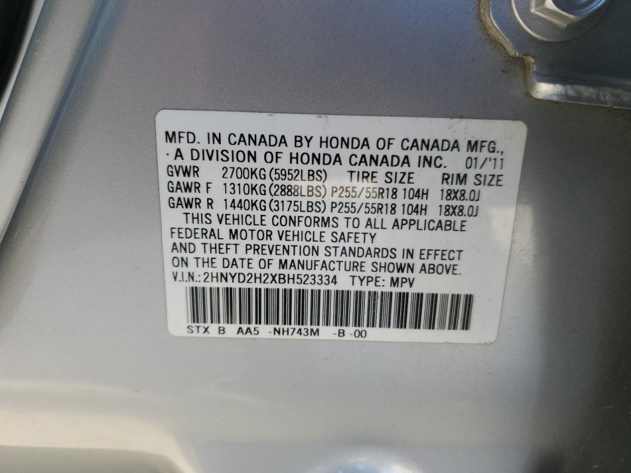 2011 Acura Mdx VIN: 2HNYD2H2XBH523334 Lot: 90809325