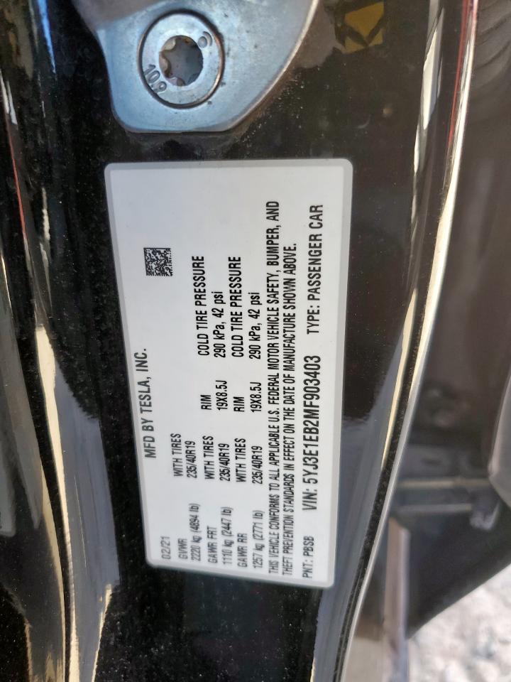 2021 Tesla Model 3 VIN: 5YJ3E1EB2MF903403 Lot: 81279935