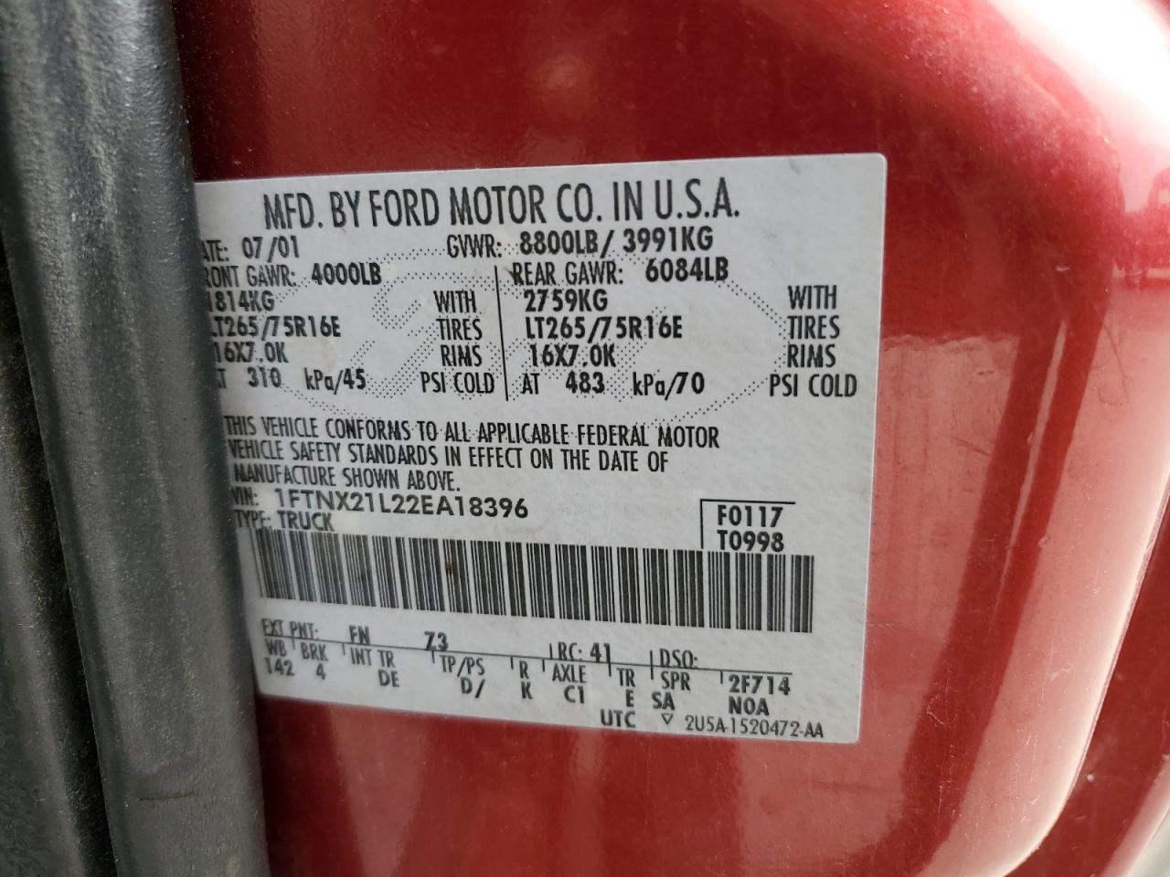 2002 Ford F250 Super Duty VIN: 1FTNX21L22EA18396 Lot: 84073365